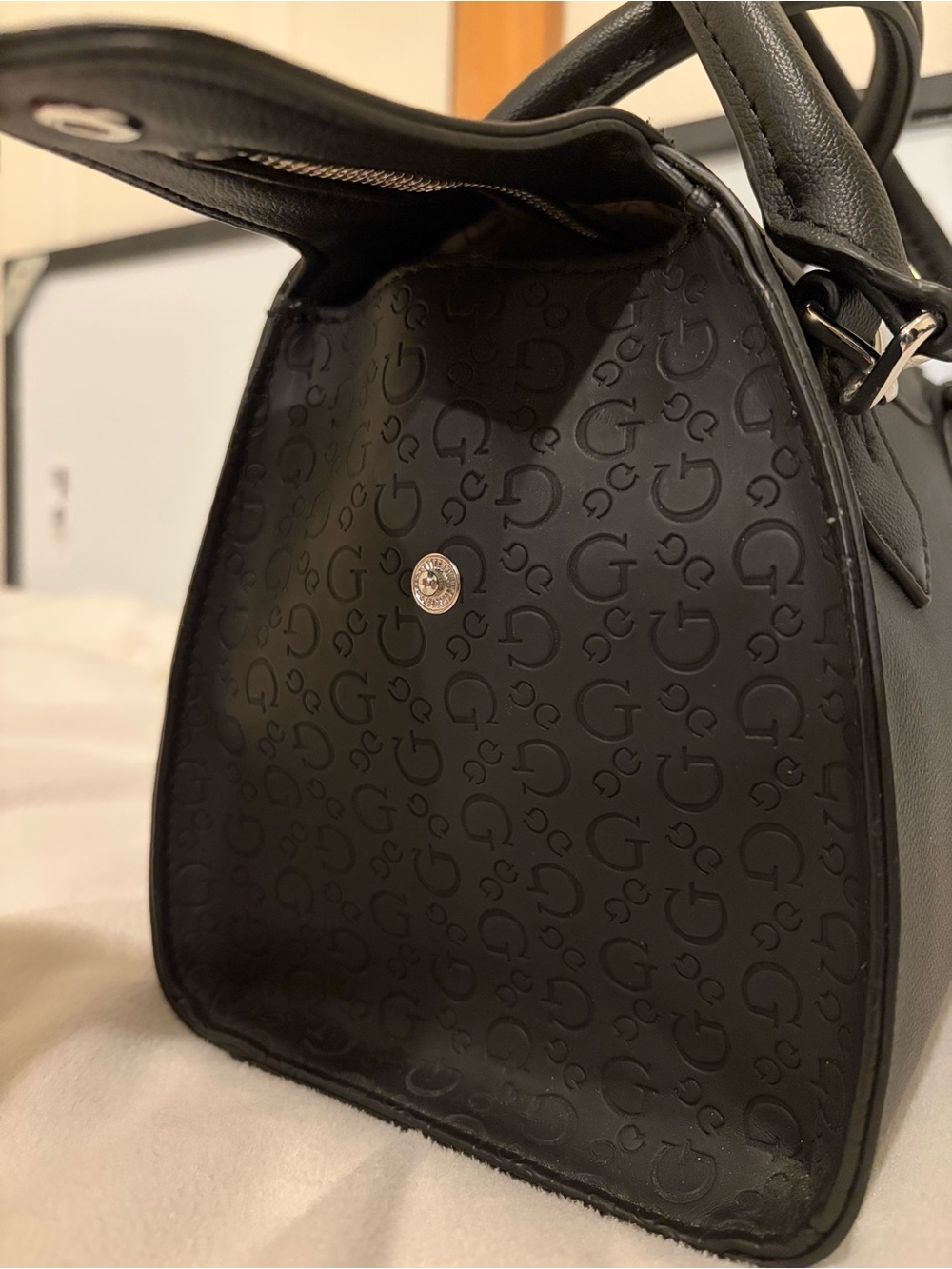 GUESS Black Embossed 4G Logo Structured Satchel Handbag With Silver Hardware - Picture 9 of 16